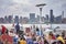 People wait to watch Fourth of July Independence Day fireworks.