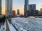People walk alongside a frozen Chicago River at Wolf Point