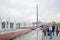 People walk by fountains. Poklonnaya hill, Moscow.