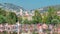 People walk on a Promenade du Paillon park timelapse, famous with its flat fountains in Nice, France.