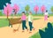 People walk in springtime park flat color vector illustration