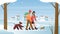 People walk in winter, cartoon flat couple characters walking with pets dogs in city park wintertime