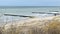 People walking along coastal beach of Darss peninsula at village Ahrenshoop. Sand dunes with reed