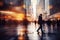 People walking along the street of the evening city illuminated by neon light