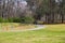 People walking along winding footpaths in the park surrounded by lush green grass, tall black lamp posts, lush green trees