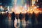 People walking in the city at night, motion blur, urban scene, A crowd of people walks in the city at night, creating a blurred