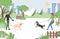 People walking in city park with domestic pets vector flat illustration. Man and woman holding pet on leash.