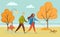 People Walking with Dog in Autumn Park Vector