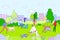 People walking dogs in city park, happy men and women cartoon characters with pets, vector illustration