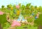 People walking with dogs in summer park, weekend leisure recreation in city nature, vector illustration