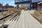 People walking at the High Line Rooftop Park, New York City with railroad track