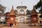 People walking near the beautiful gates of indian city Ayodhya