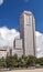 People walking in the park with skyscrapers