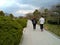 People walking at pedestrian walk, greenery and conblock ground with cloudy sky, Osaka 2016