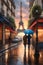 People walking in the rain with umbrella on the paris city street with eiffel tower view and cafes, sunset, surrealism, realistic