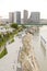 People walking on Sava promenade on Belgrade Waterfront from above