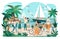 People walking on seaside promenade, summer town recreation, vector illustration