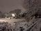 people walking in snow falling cover on ground at night time in public garden park