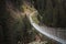 People walking on a steel tibetan bridge inside a forest in the italian Alps Rabbi, Trentino, italy