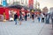 People walking on the street in front of the prefabricated shops in old port Montreal, Quebec, Canada