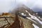 People walking on Stubai lookout viewing platform above Stubai glacier in Tyrol, Austria