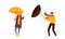 People walking with umbrellas on rainy windy day. Man and woman in casual autumn outfit holding umbrella cartoon vector