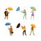 People walking under umbrella on autumn rainy day set. Men and women wearing warm clothes walking under rain cartoon