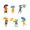 People walking under umbrella on autumn rainy and windy day set. Men and women wearing warm clothes walking under rain