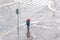 People walks on the urban city street on a snowy winter day