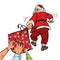 People want to rob Santa Claus of a bag of gifts. Excitement holiday discounts and sales. Christmas and New Year winter