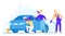 People wash car vector illustration, cartoon flat woman man washer characters cleaning dirty automobile, washing auto