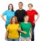 People wearing different colored blank shirts