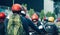 People wearing helmets riding bikes in a city streets in India