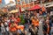 People wearing orange accessories celebrating the Kings day, Koningsdag in Rotterdam, the Netherlands Holland Outdoor party