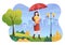 People Wearing Raincoat, Rubber Boots and Carrying Umbrella In the Middle of Rain Showers Storm. Flat Background Illustration