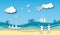 People welcome to the beach with sea view and boatman outdoor background of paper art style,vector or illustration with travel