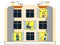 People in the windows of an apartment building day. Doing household chores. In minimalist style. Flat isometric vector