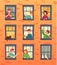 People in windows frames. Communicating neighbors, looking out window and urban residents cartoon vector illustration