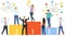 People are winners. A group of people mini characters stand on the podium of glory. Vector, cartoon illustration of a