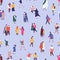 People in winter clothes seamless pattern. Tiny people in warm outwear male and female faceless characters decorative