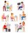 People work place vector business worker or person working on laptop at the table in office illustration set of woman or