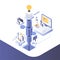 People work in a team and achieve the goal. Startup concept. Launch a new product on a market. Isometric illustration.