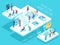 People work in a team and achieve the goal. Startup concept. Launch a new product on a market. Isometric illustration.