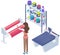 People working with equipment and shelving with paints. Office technique vector illustration