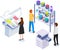 People working with equipment and shelving with paints. Office technique vector illustration