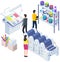 People working with equipment and shelving with paints. Office technique vector illustration