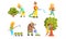 People Working in Garden Set, Cheerful Farmers Watering Plants, Harvesting, Trimming Bush, Spudding Potatoes Vector