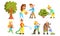 People Working in Garden Set, Cheerful Farmers Watering Plants, Harvesting, Trimming Bush Vector Illustration