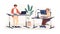 People working at modern ergonomic workplace vector flat illustration. Man and woman employees sitting and standing