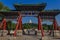 People on Yongan Bridge in Beihai Park with the Jade Island, Bai Ta (White Pagoda or Dagoba) stupa and Buddhist Yong An (Temple o